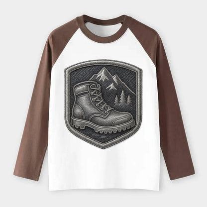 Hiking boots with mountain peak - hiker pride - Raglan Long Sleeve T-Shirt - Coffee
