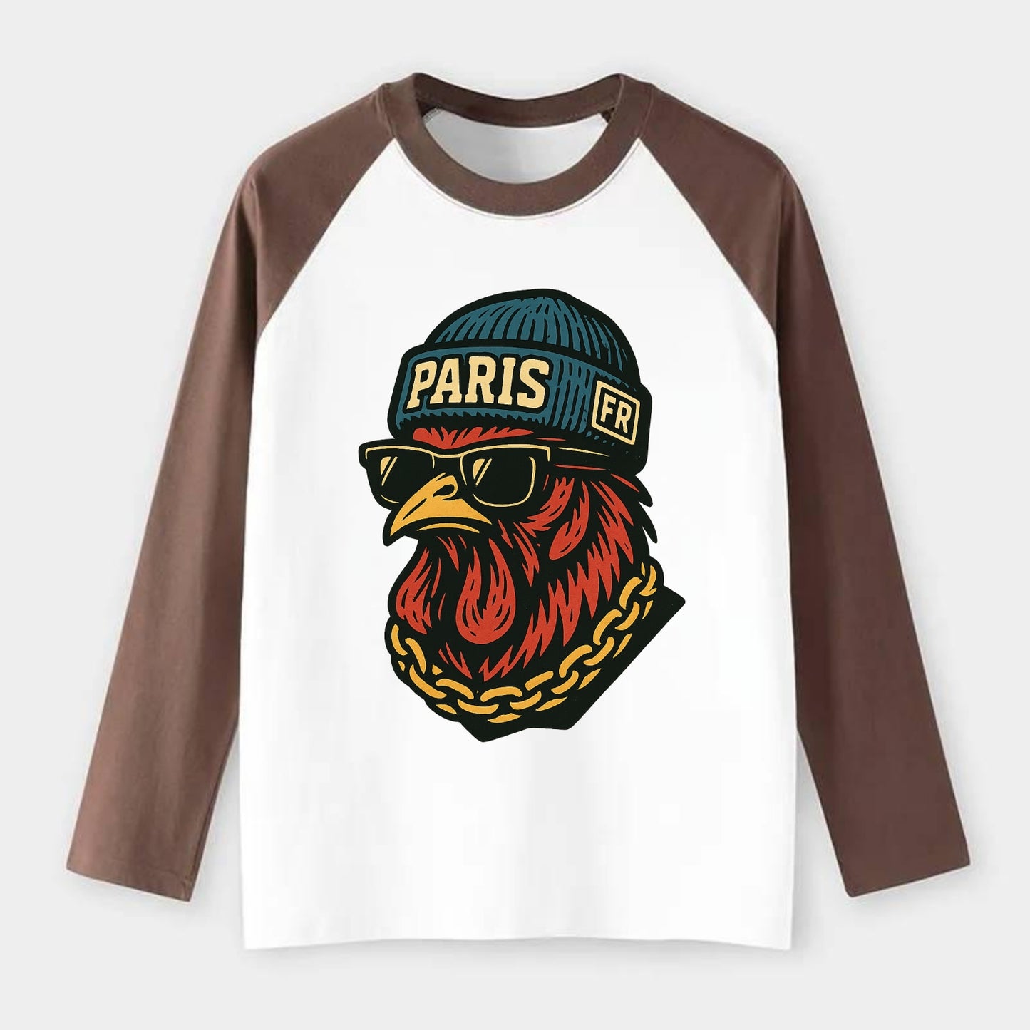 Paris Rooster - Raglan Long Sleeve T-Shirt - Coffee