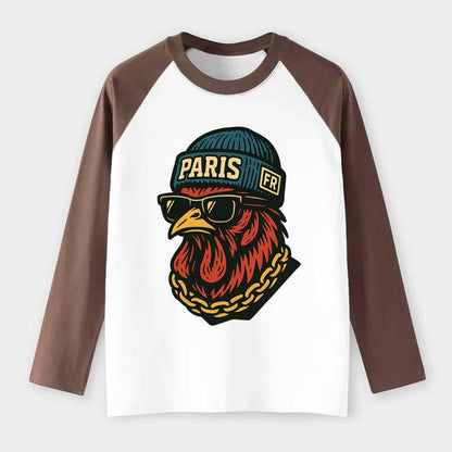 Paris Rooster - Raglan Long Sleeve T-Shirt - Coffee