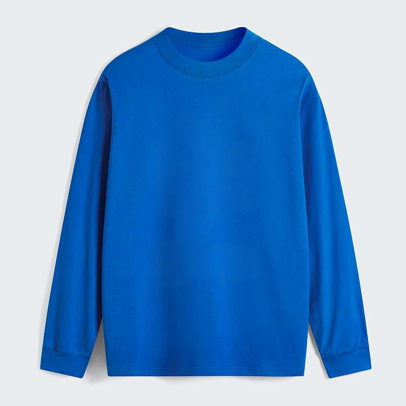 Blue long-sleeve shirt on a light gray background