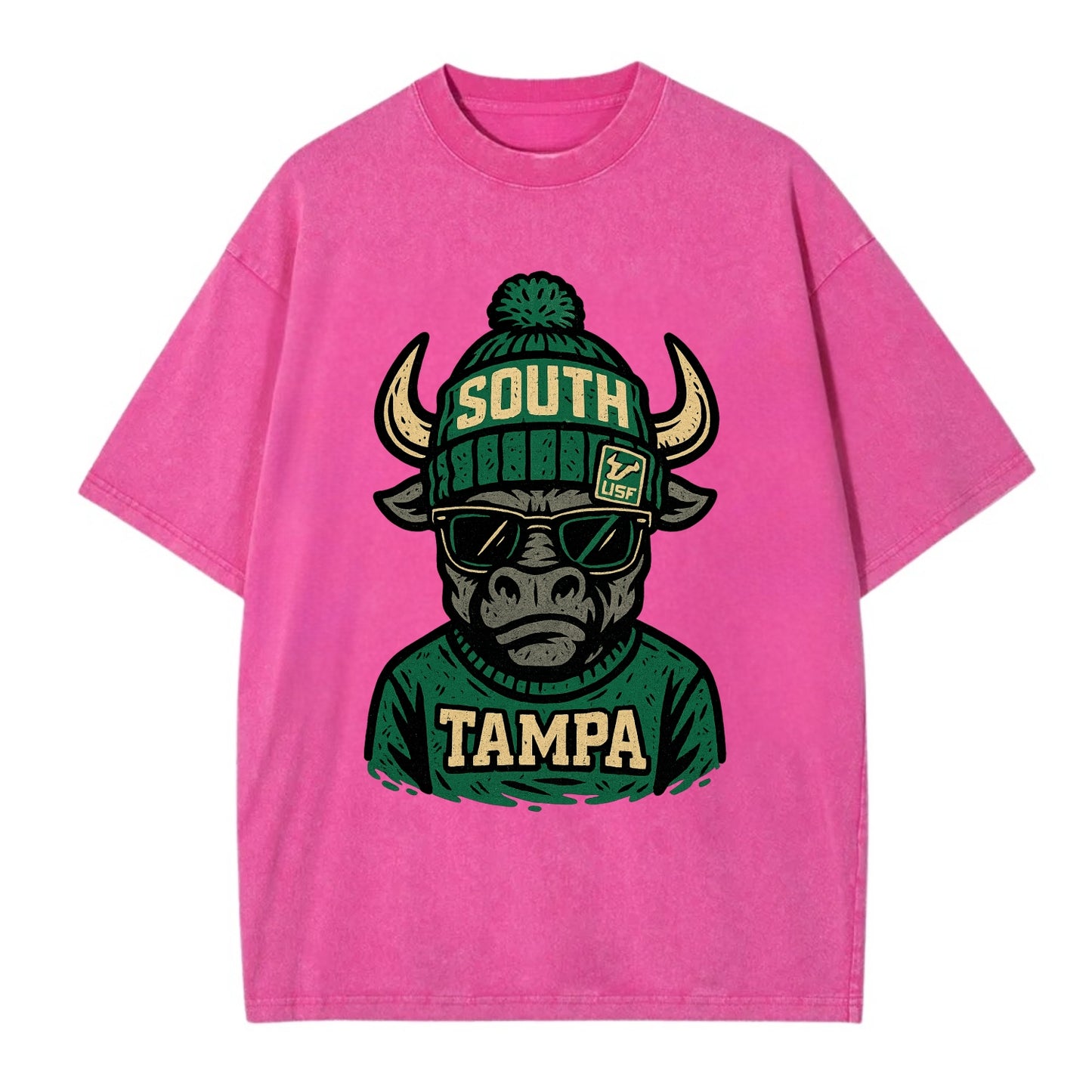 Tampa Bull wearing South Florida beanie with USF patch - Vintage T-shirt - Dusty Rose(Rose)