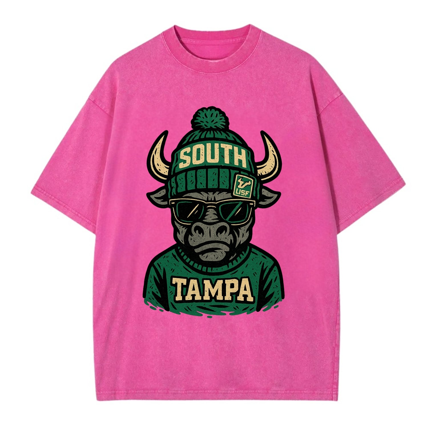 Tampa Bull wearing South Florida beanie with USF patch - Vintage T-shirt - Dusty Rose(Rose)