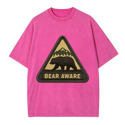 BEAR AWARE - bear silhouette warning in brown and yellow , wilderness safety - Vintage T-shirt - Dusty Rose(Rose)