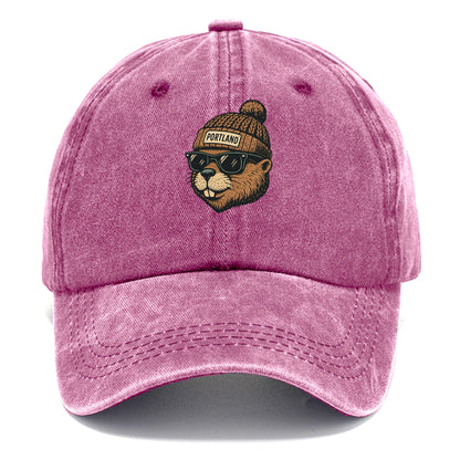 Portland Beaver wearing Portland beanie with pom pom and wayfarer sunglasses - Classic Cap - Dusty Rose(Rose)