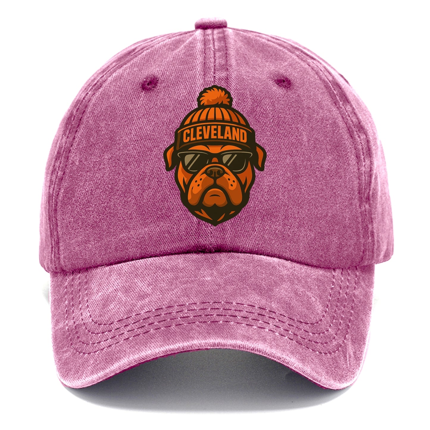 Cleveland Bulldog wearing Browns orange and brown beanie with pom pom and wayfarer - Classic Cap - Dusty Rose(Rose)