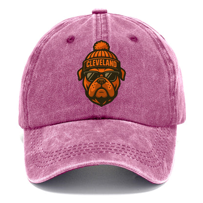 Cleveland Bulldog wearing Browns orange and brown beanie with pom pom and wayfarer - Classic Cap - Dusty Rose(Rose)
