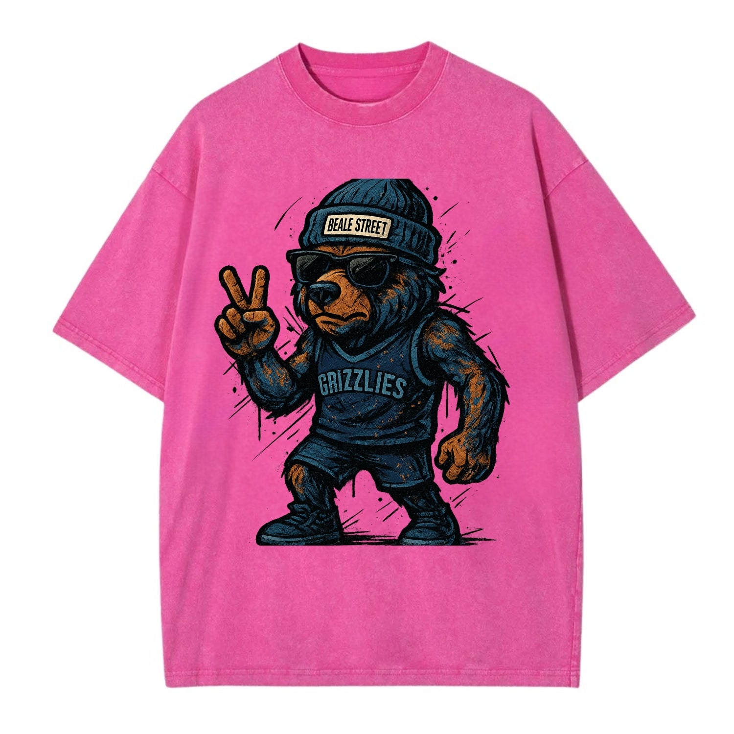 Memphis Grizzly Bear wearing Grizzlies navy and light blue beanie with Beale - Vintage T-shirt - Dusty Rose(Rose)