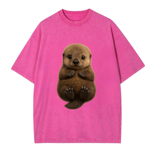 Baby Sea Otter - brown fluffy, floating on back, tiny paws, bright eyes, - Vintage T-shirt