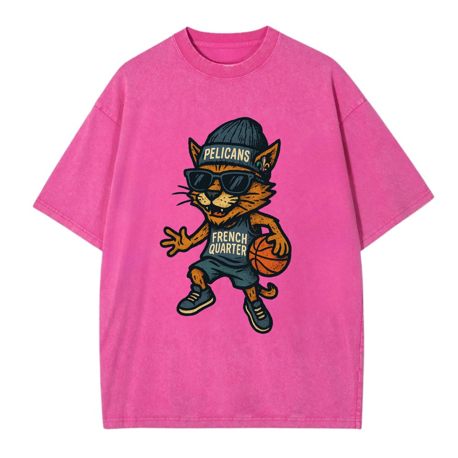 French Quarter Cat wearing Pelicans beanie with Mardi Gras patch and wayfarer - Vintage T-shirt - Dusty Rose(Rose)