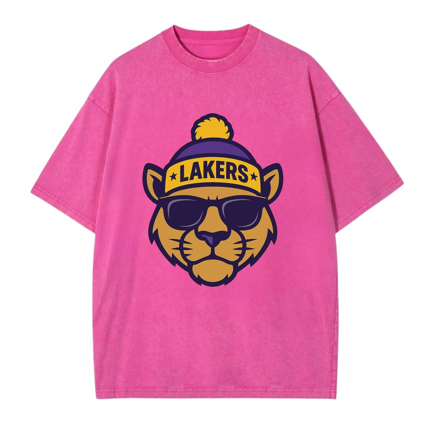 LA Mountain Lion wearing Lakers purple and gold beanie with championship stars - Vintage T-shirt - Dusty Rose(Rose)