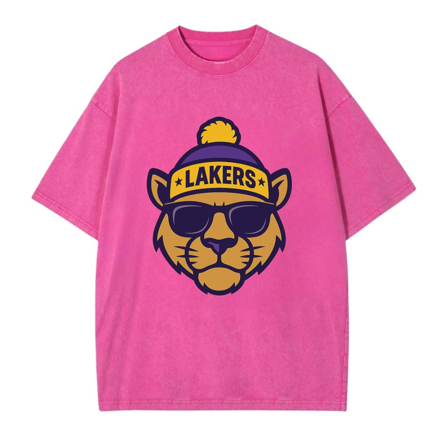 LA Mountain Lion wearing Lakers purple and gold beanie with championship stars - Vintage T-shirt - Dusty Rose(Rose)