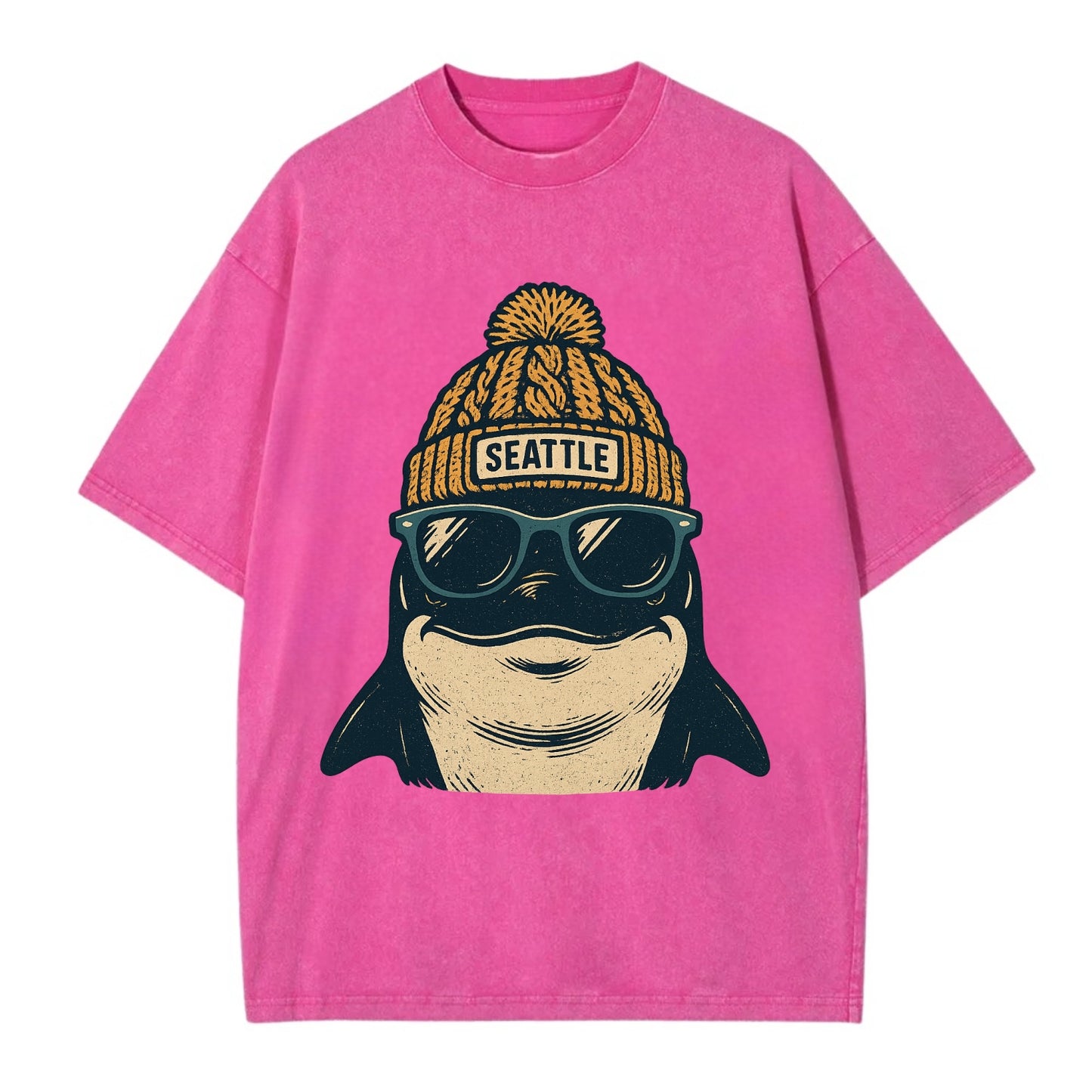 Seattle Orca wearing Seattle beanie with pom pom and wayfarer sunglasses - Vintage T-shirt - Dusty Rose(Rose)