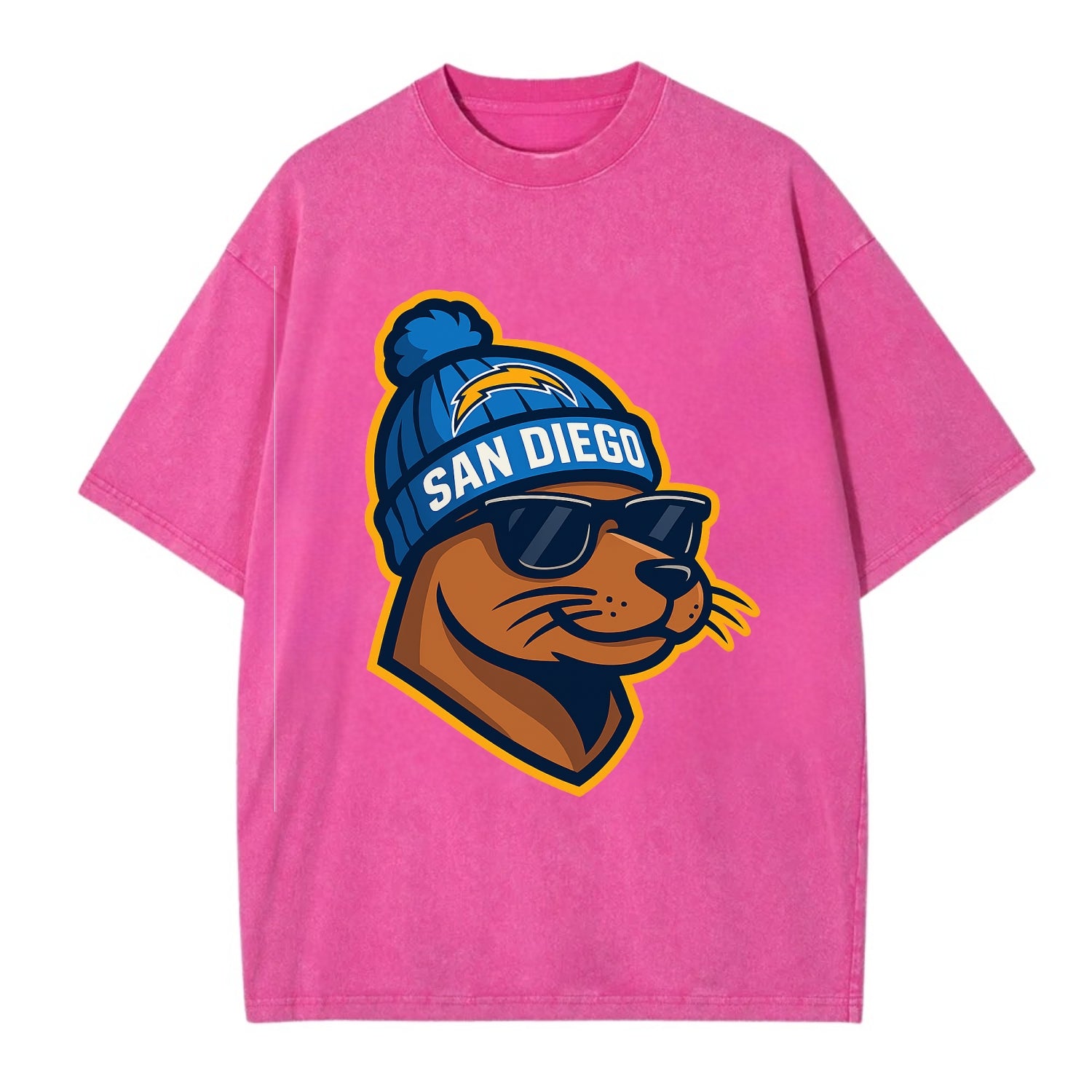 San Diego Sea Lion wearing Chargers beanie with bolt patch and wayfarer sunglasses - Vintage T-shirt - Dusty Rose(Rose)
