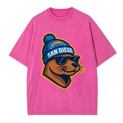 San Diego Sea Lion wearing Chargers beanie with bolt patch and wayfarer sunglasses - Vintage T-shirt - Dusty Rose(Rose)