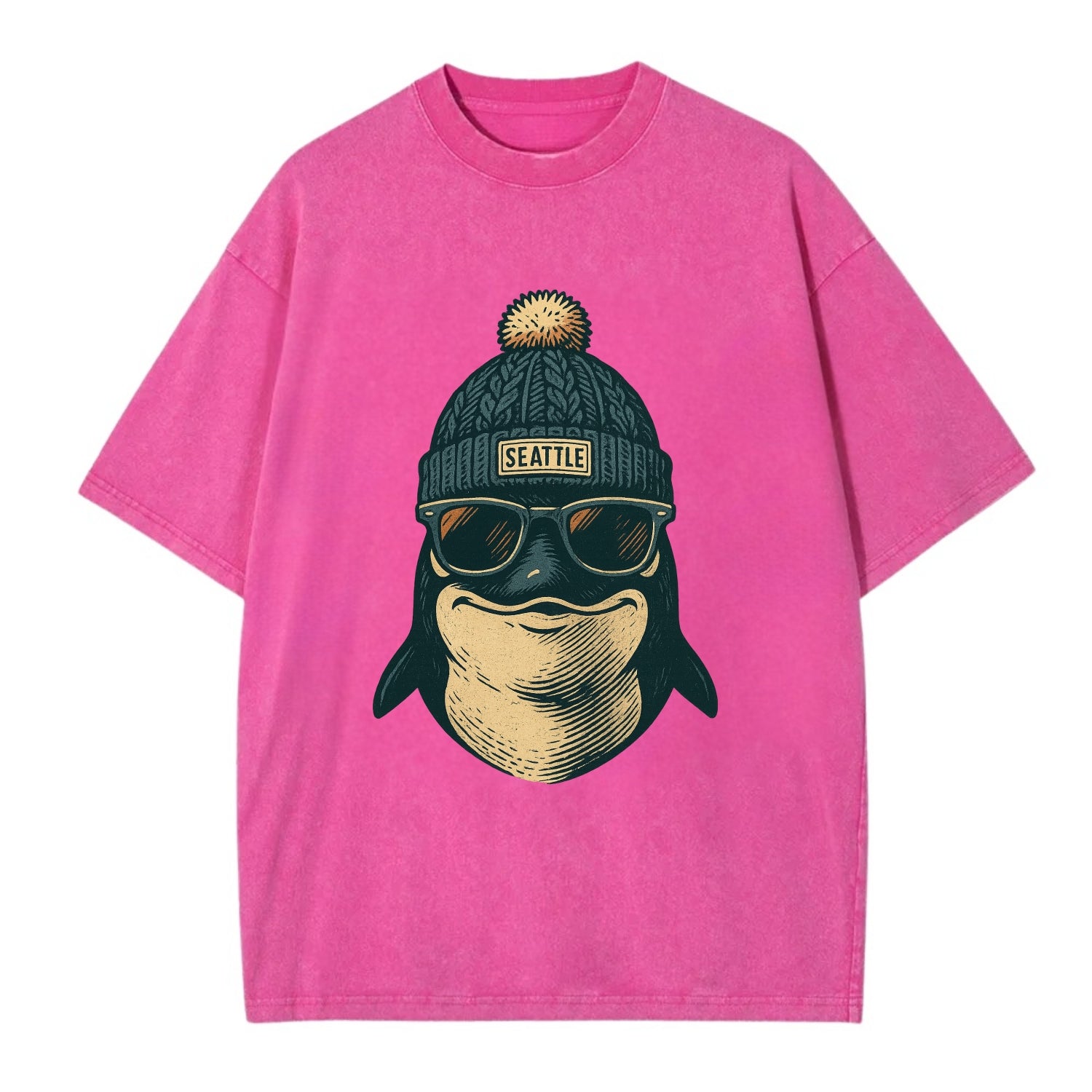 Washington Orca wearing Seattle beanie with pom pom and wayfarer sunglasses - Vintage T-shirt - Dusty Rose(Rose)