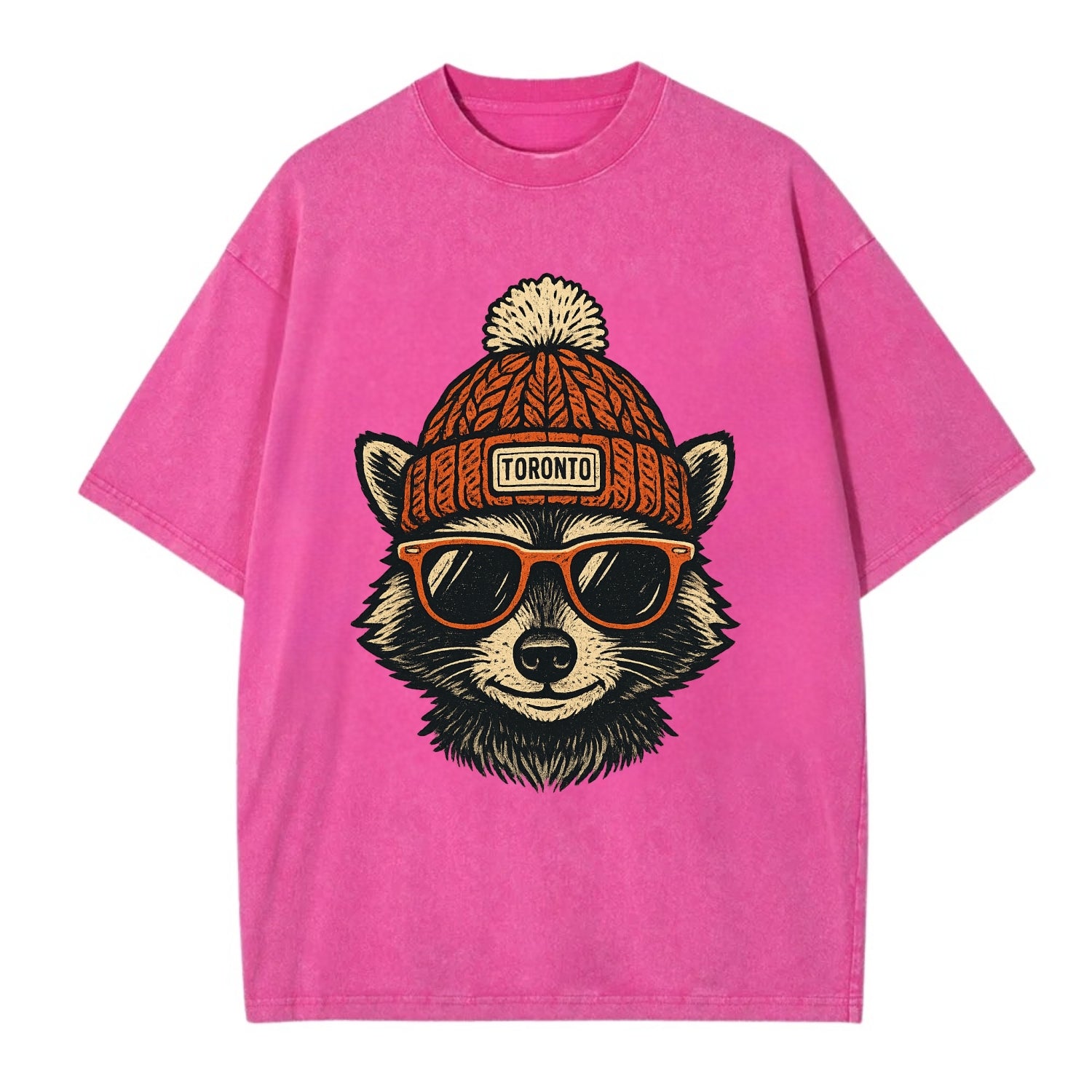 Toronto Raccoon wearing Toronto beanie with pom pom and wayfarer sunglasses - Vintage T-shirt - Dusty Rose(Rose)