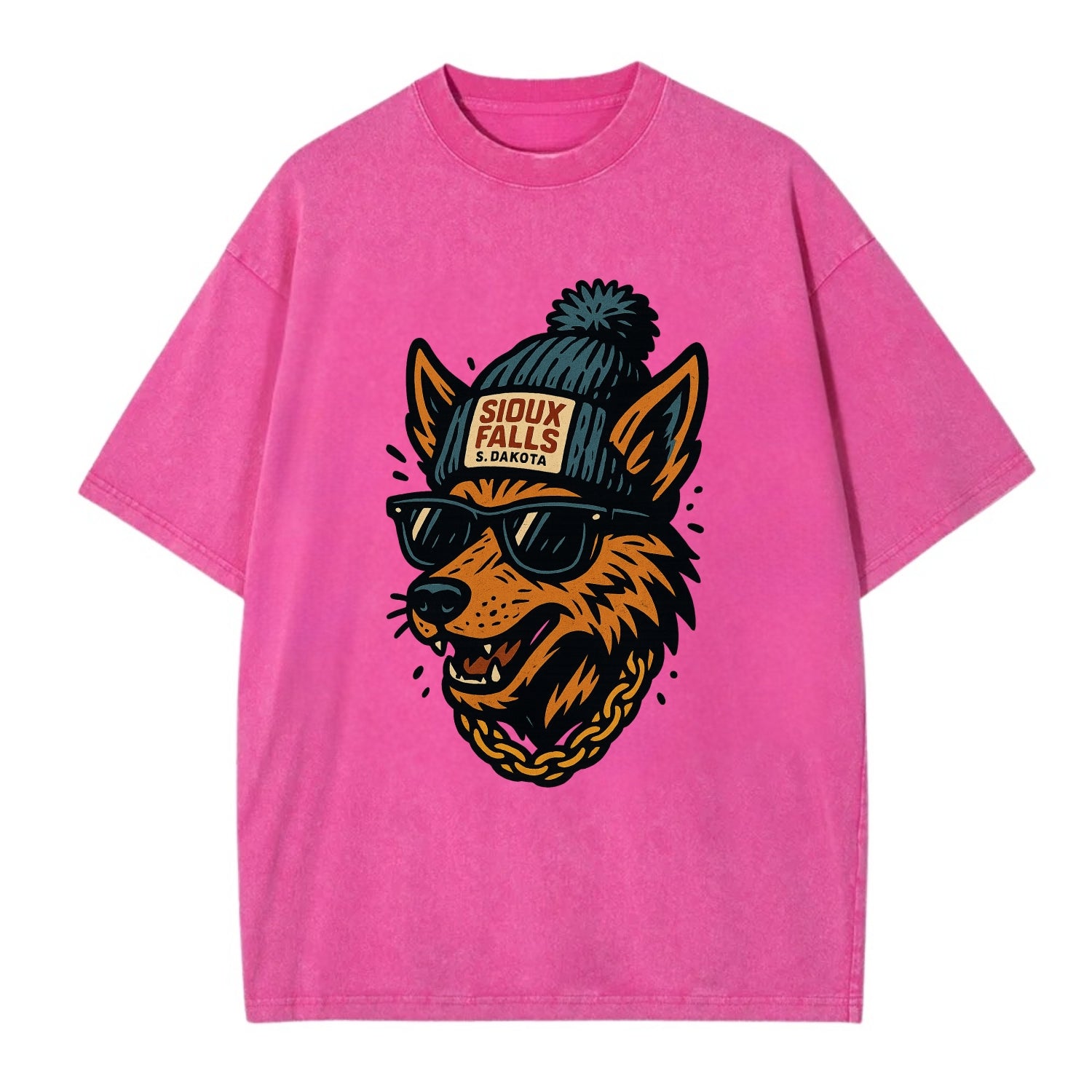 South Dakota Coyote wearing Sioux Falls beanie with pom pom and wayfarer - Vintage T-shirt - Dusty Rose(Rose)