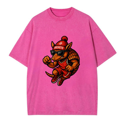 Houston Armadillo wearing Rockets red and silver beanie with rocket ship and - Vintage T-shirt - Dusty Rose(Rose)