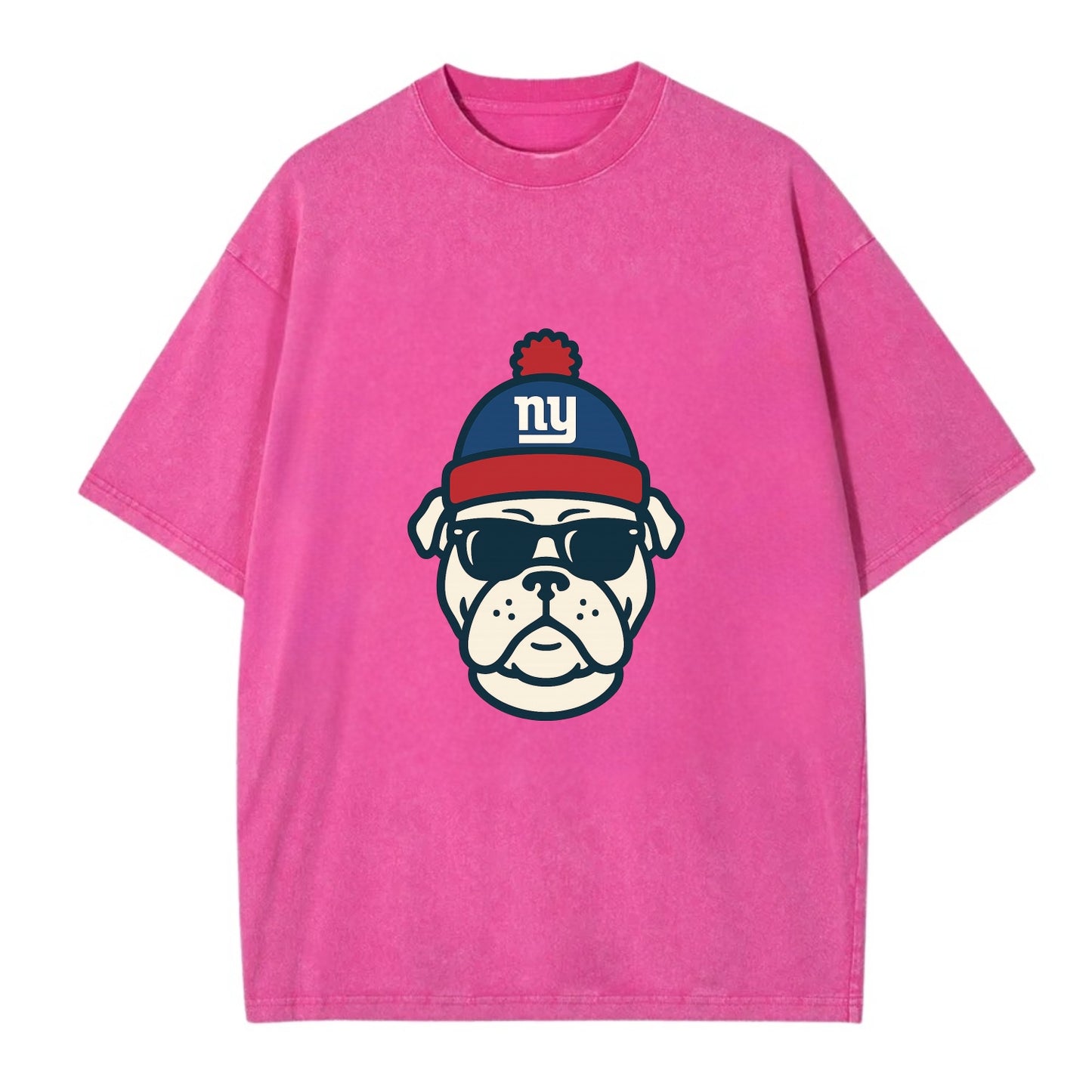 New York Bulldog wearing Giants blue and red beanie with pom pom and wayfarer - Vintage T-shirt - Dusty Rose(Rose)