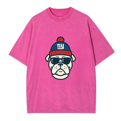New York Bulldog wearing Giants blue and red beanie with pom pom and wayfarer - Vintage T-shirt - Dusty Rose(Rose)
