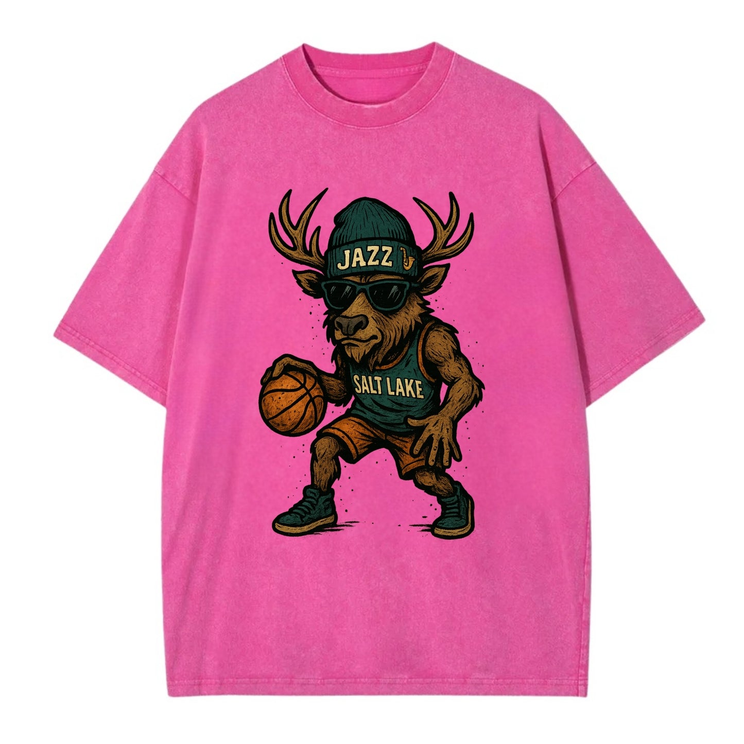 Salt Lake Elk wearing Jazz beanie with saxophone patch and wayfarer sunglasses - Vintage T-shirt - Dusty Rose(Rose)