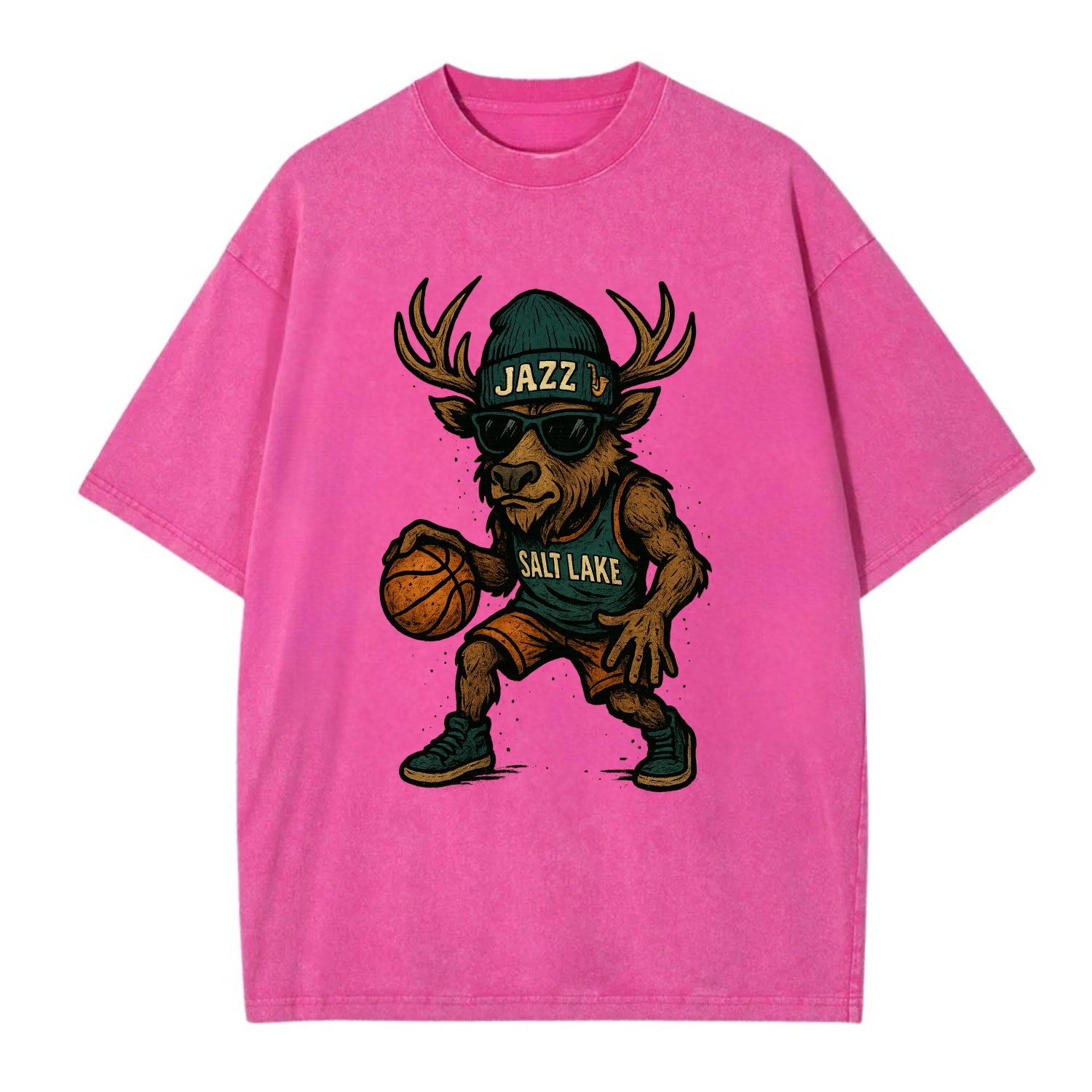 Salt Lake Elk wearing Jazz beanie with saxophone patch and wayfarer sunglasses - Vintage T-shirt - Dusty Rose(Rose)