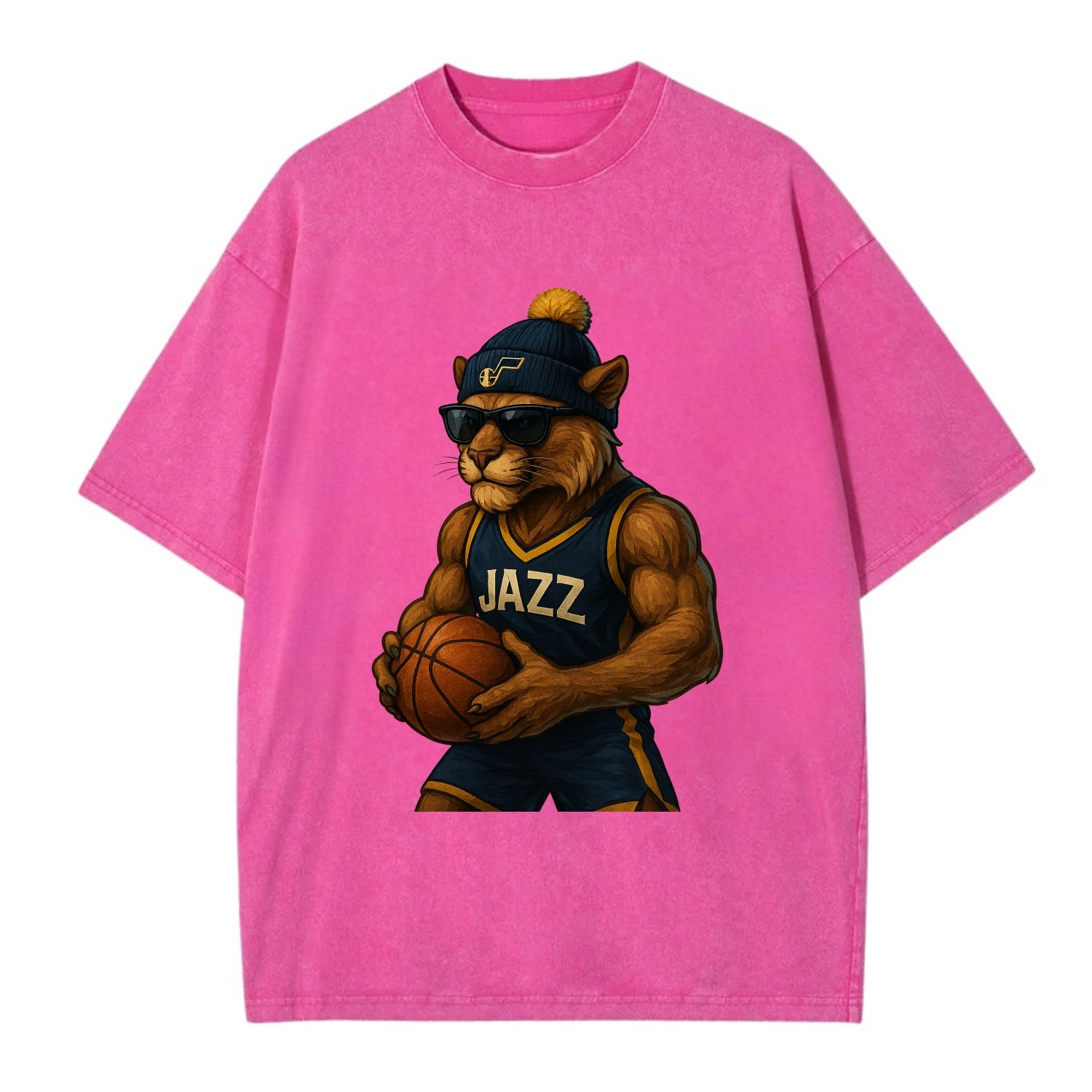 Utah Mountain Lion wearing Jazz navy and yellow beanie with music note and - Vintage T-shirt - Dusty Rose(Rose)