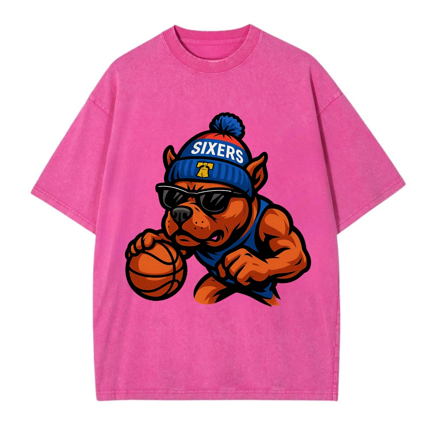 Philly Pitbull wearing Sixers beanie with Liberty Bell and wayfarer sunglasses - Vintage T-shirt - Dusty Rose(Rose)