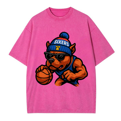 Philly Pitbull wearing Sixers beanie with Liberty Bell and wayfarer sunglasses - Vintage T-shirt - Dusty Rose(Rose)