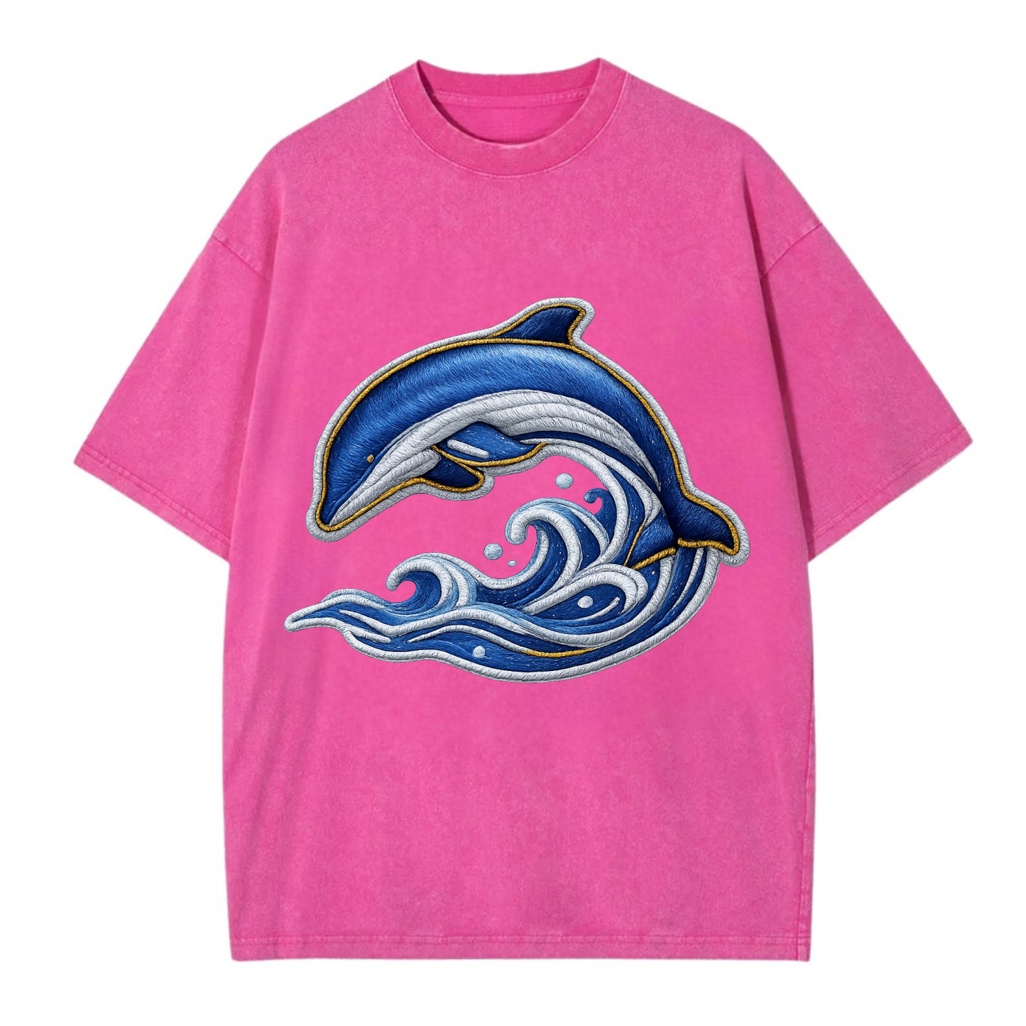 Embroidered patch design - SWIMMING DOLPHIN - diving dolphin with waves in blue - Vintage T-shirt - Dusty Rose(Rose)