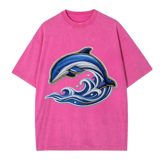 Embroidered patch design - SWIMMING DOLPHIN - diving dolphin with waves in blue - Vintage T-shirt - Dusty Rose(Rose)
