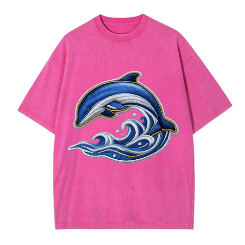SWIMMING DOLPHIN - diving dolphin with waves in blue - Vintage T-shirt