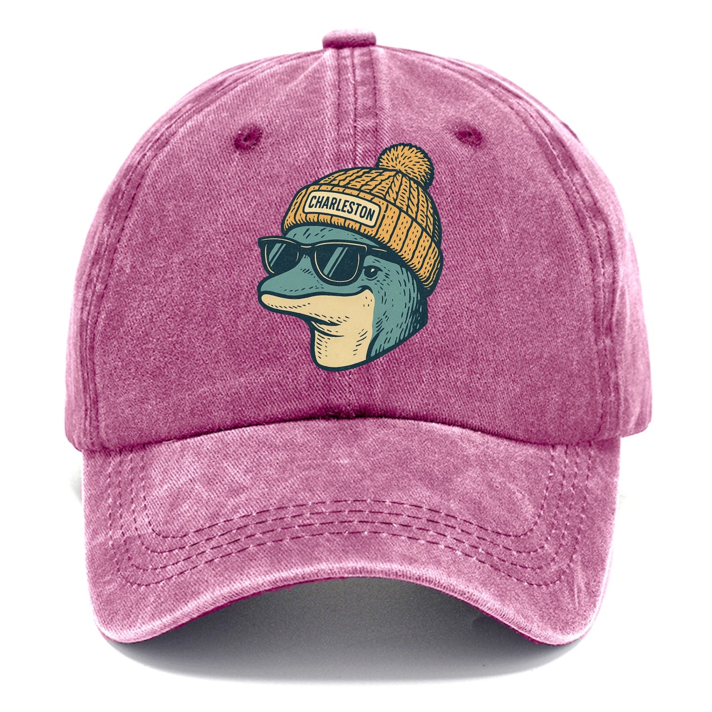 Charleston Dolphin wearing Charleston beanie with pom pom and wayfarer sunglasses - Classic Cap - Dusty Rose(Rose)