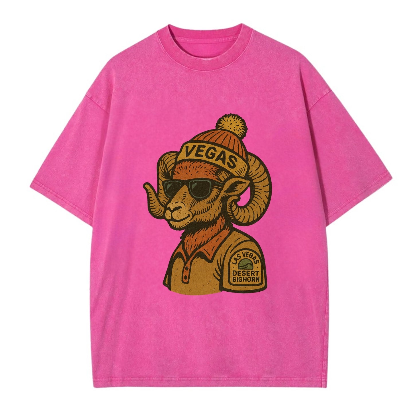Las Vegas Desert Bighorn wearing Vegas beanie with pom pom and wayfarer sunglasses - Vintage T-shirt - Dusty Rose(Rose)