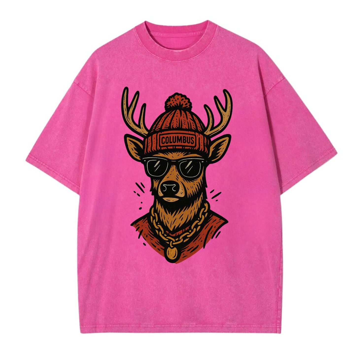 Columbus White-tailed Deer wearing Columbus beanie with pom pom and wayfarer - Vintage T-shirt - Dusty Rose(Rose)