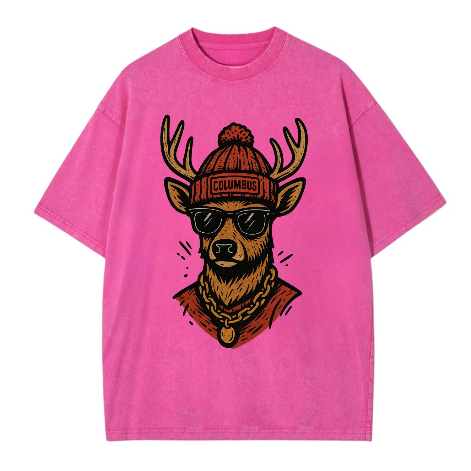 Columbus White-tailed Deer wearing Columbus beanie with pom pom and wayfarer - Vintage T-shirt - Dusty Rose(Rose)