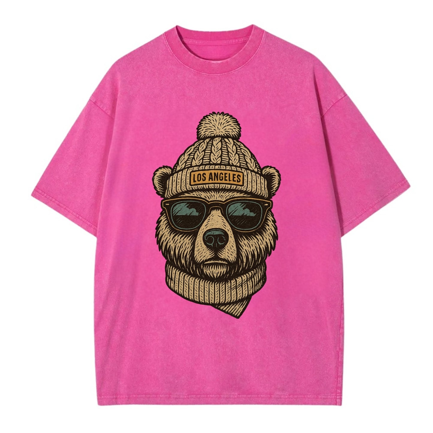 California Grizzly Bear wearing Los Angeles beanie with pom pom and wayfarer - Vintage T-shirt - Dusty Rose(Rose)
