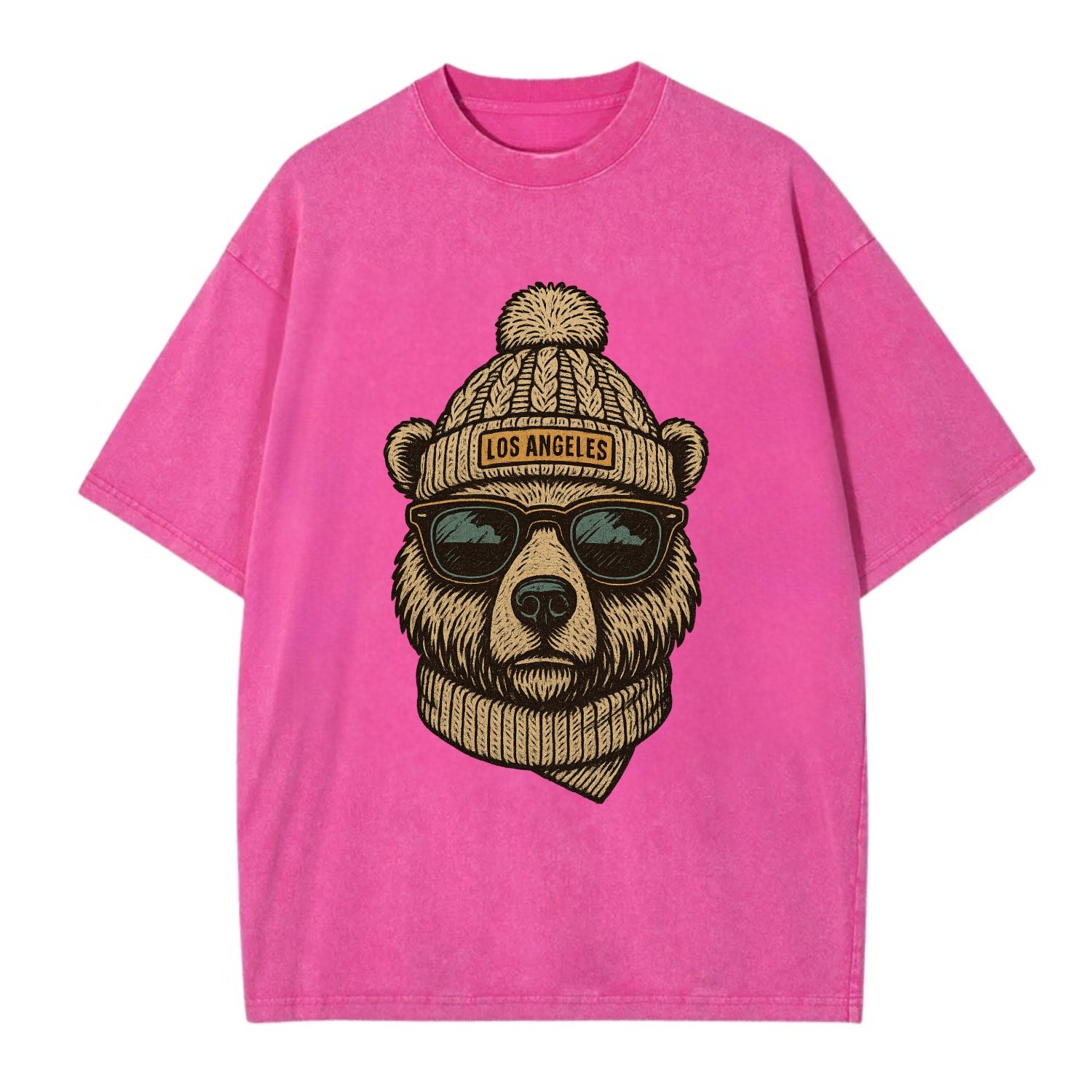 California Grizzly Bear wearing Los Angeles beanie with pom pom and wayfarer - Vintage T-shirt - Dusty Rose(Rose)