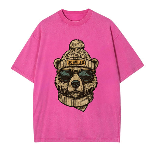 California Grizzly Bear wearing Los Angeles beanie with pom pom and wayfarer - Vintage T-shirt