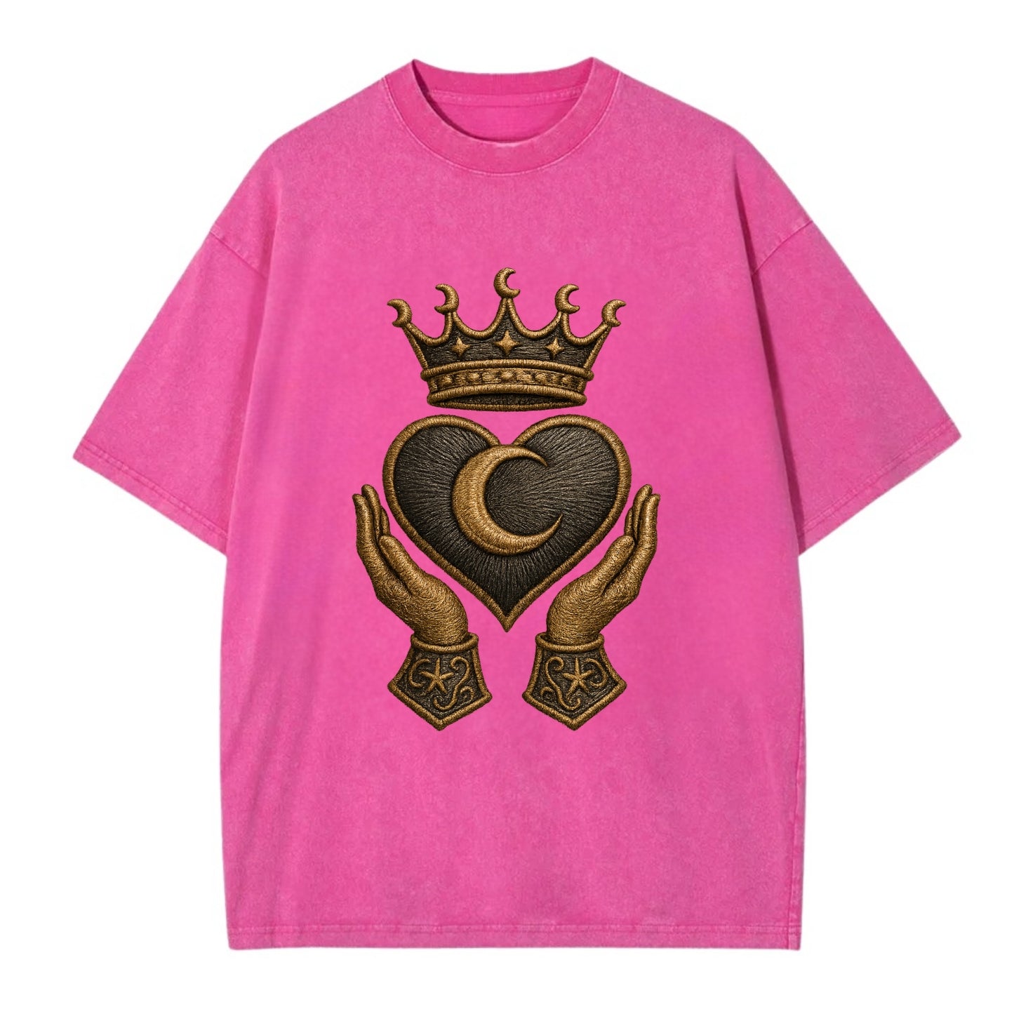 Moonlit crescent crown cradling a hematite heart with stargazer hands cupped - Vintage T-shirt - Dusty Rose(Rose)