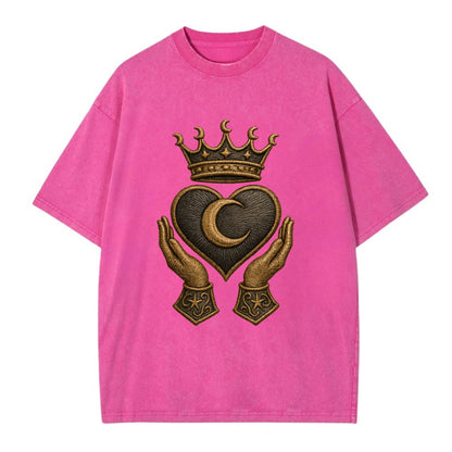 Moonlit crescent crown cradling a hematite heart with stargazer hands cupped - Vintage T-shirt - Dusty Rose(Rose)