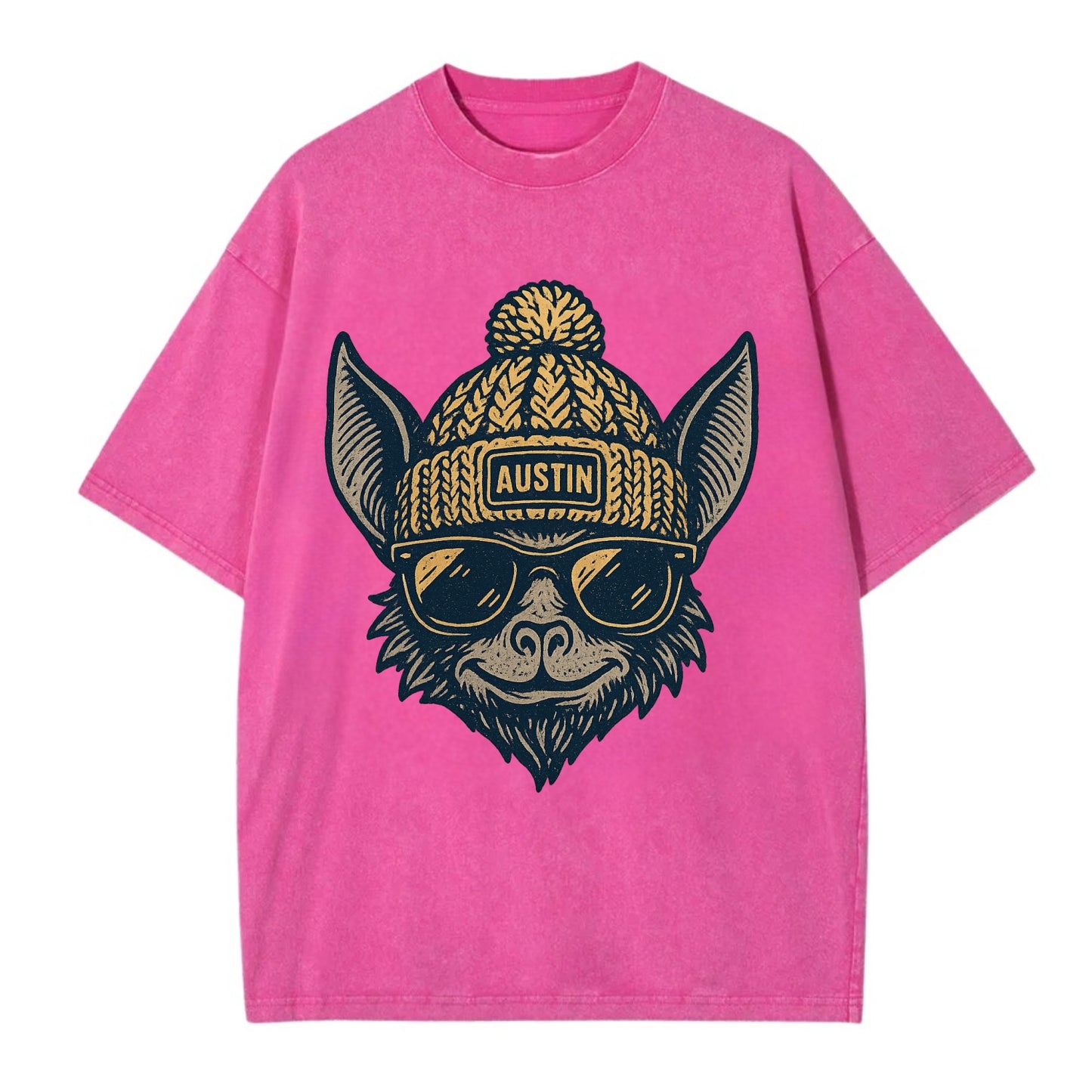 Austin Bat wearing Austin beanie with pom pom and wayfarer sunglasses - Vintage T-shirt - Dusty Rose(Rose)
