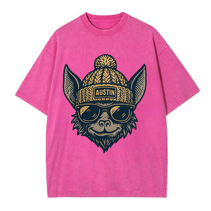 Austin Bat wearing Austin beanie with pom pom and wayfarer sunglasses - Vintage T-shirt - Dusty Rose(Rose)