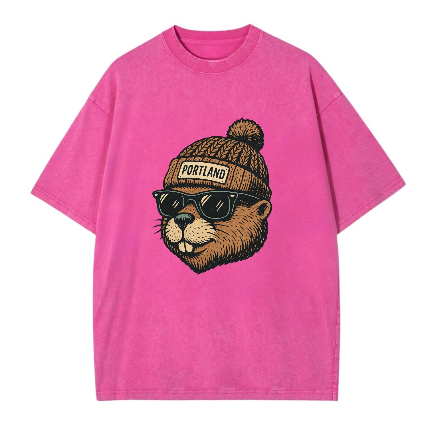 Portland Beaver wearing Portland beanie with pom pom and wayfarer sunglasses - Vintage T-shirt - Dusty Rose(Rose)