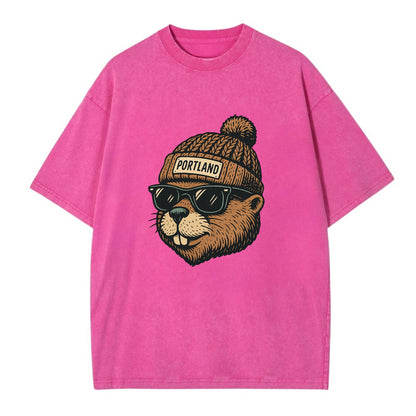 Portland Beaver wearing Portland beanie with pom pom and wayfarer sunglasses - Vintage T-shirt - Dusty Rose(Rose)