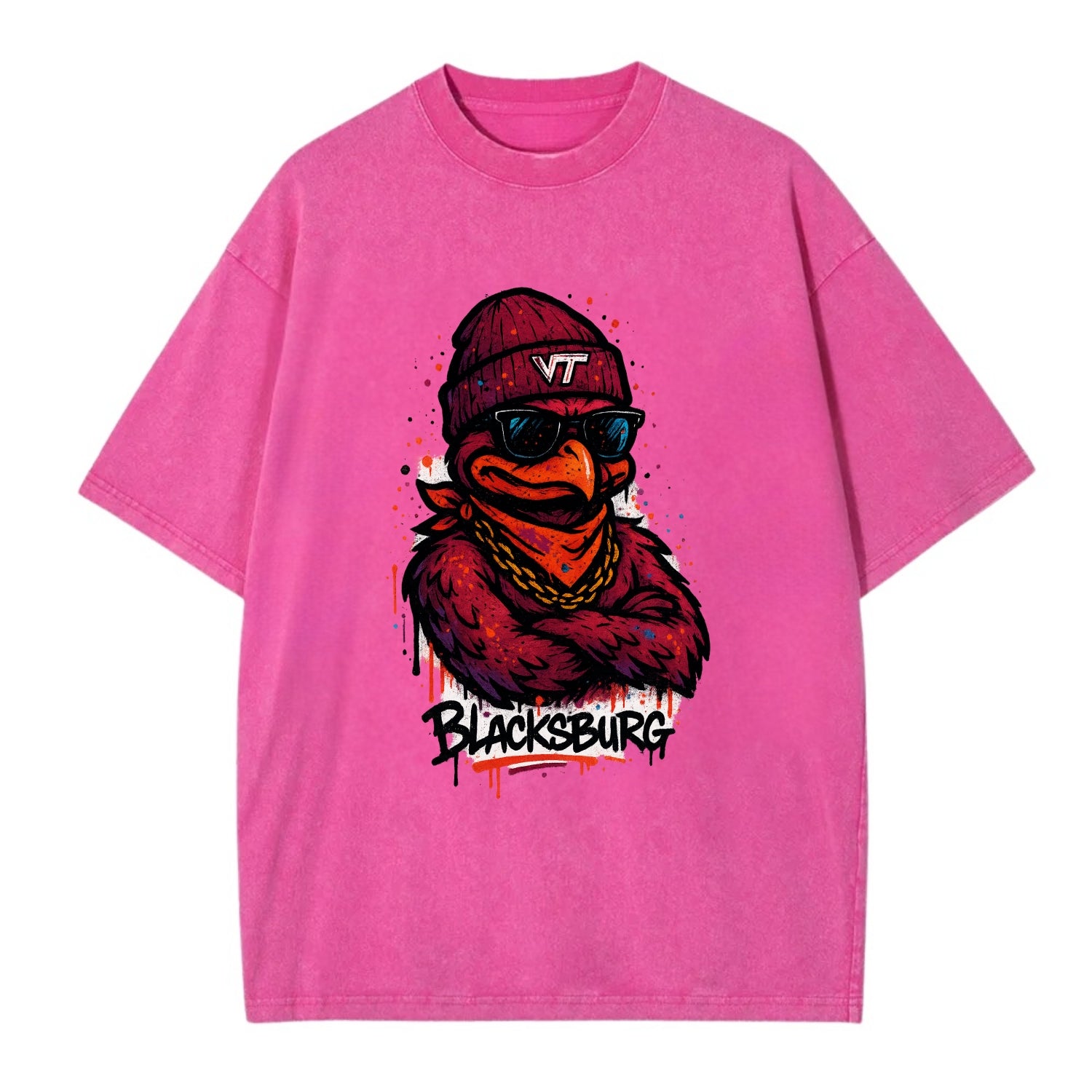 Blacksburg HokieBird wearing Virginia Tech beanie with VT patch - Vintage T-shirt - Dusty Rose(Rose)