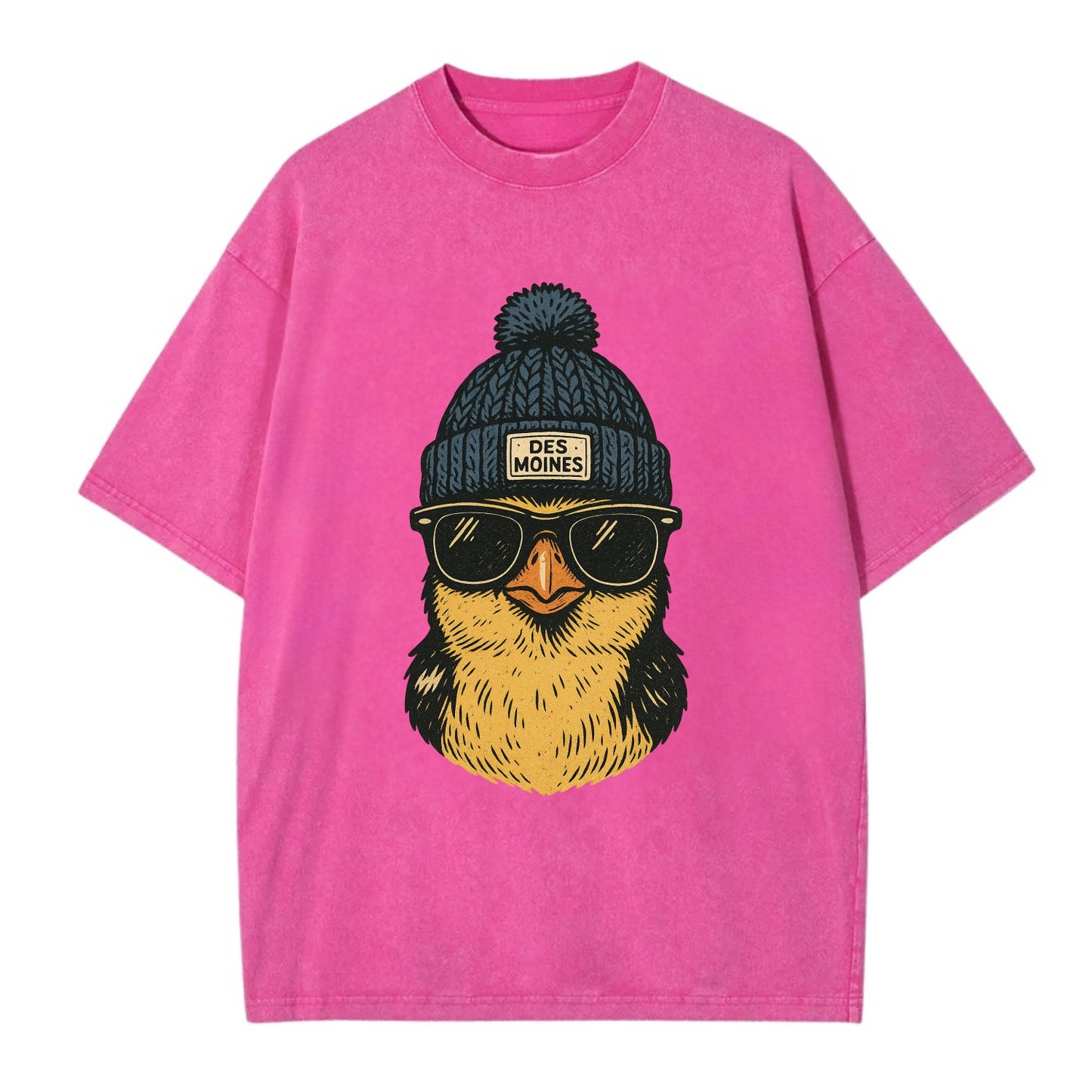 Iowa Goldfinch wearing Des Moines beanie with pom pom and wayfarer sunglasses - Vintage T-shirt - Dusty Rose(Rose)