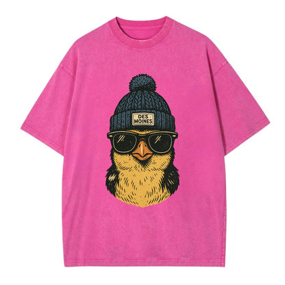 Iowa Goldfinch wearing Des Moines beanie with pom pom and wayfarer sunglasses - Vintage T-shirt - Dusty Rose(Rose)