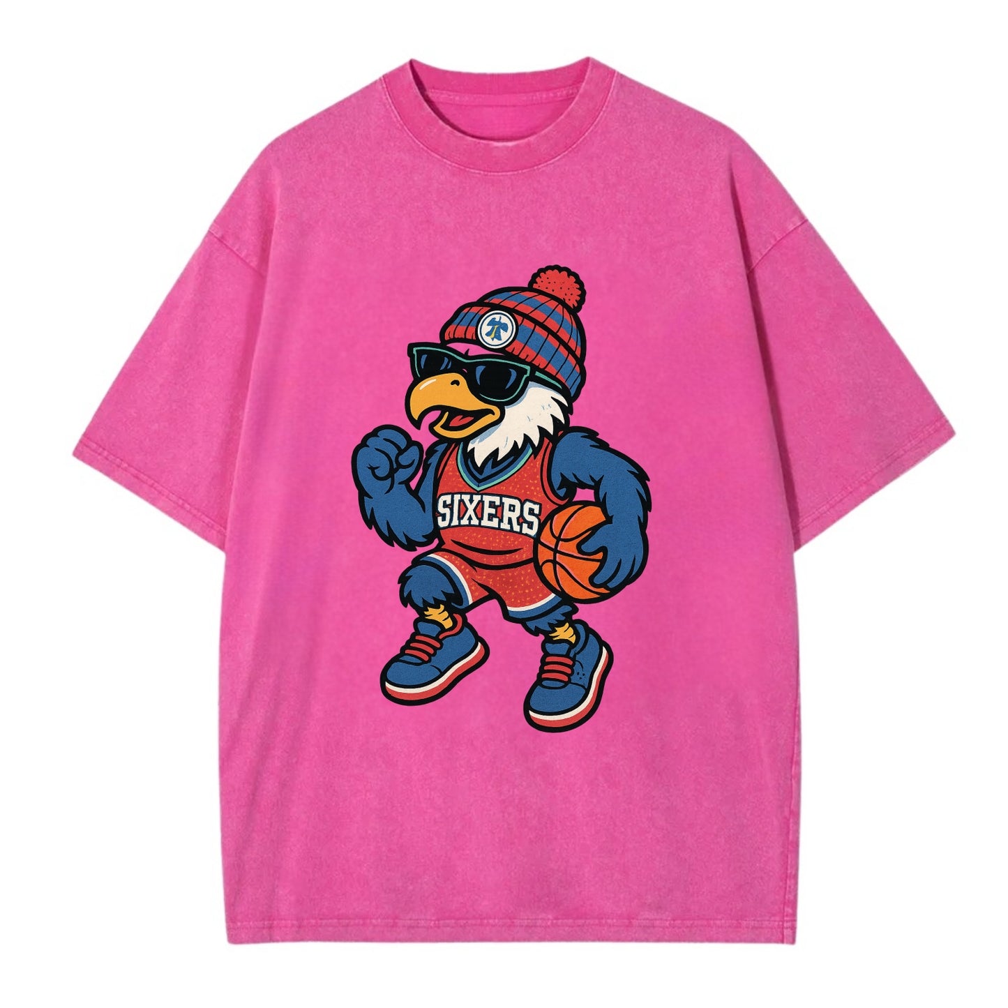 Philadelphia Eagle wearing 76ers red white and blue beanie with bell patch and - Vintage T-shirt - Dusty Rose(Rose)