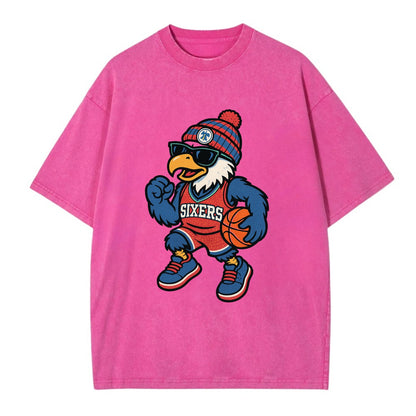 Philadelphia Eagle wearing 76ers red white and blue beanie with bell patch and - Vintage T-shirt - Dusty Rose(Rose)